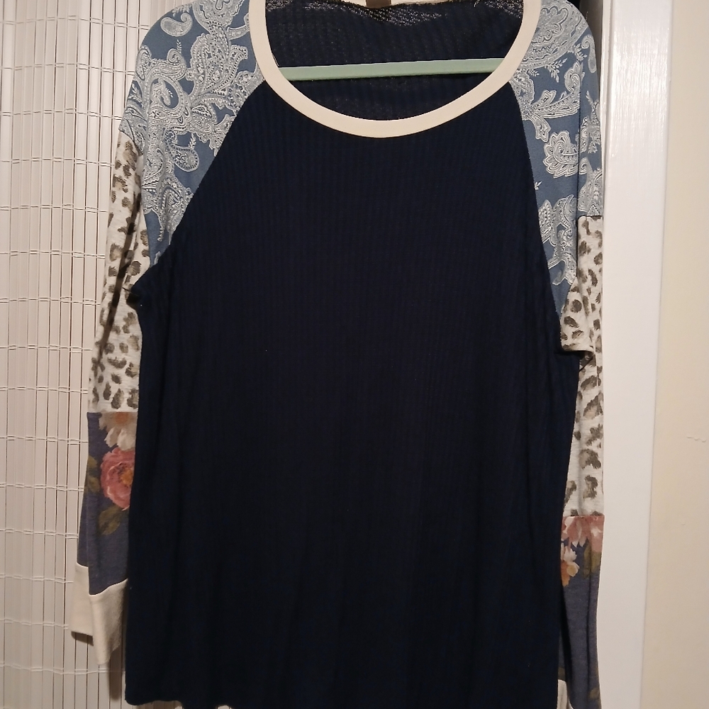Women's Navy and Patterned Long Sleeve Top